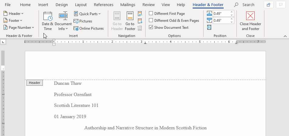 Creating an MLA header in Word