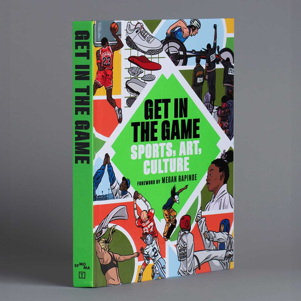 Photograph of the cover of the Get in the Game exhibition catalogue which features colorful animated vignettes of athletes in action.